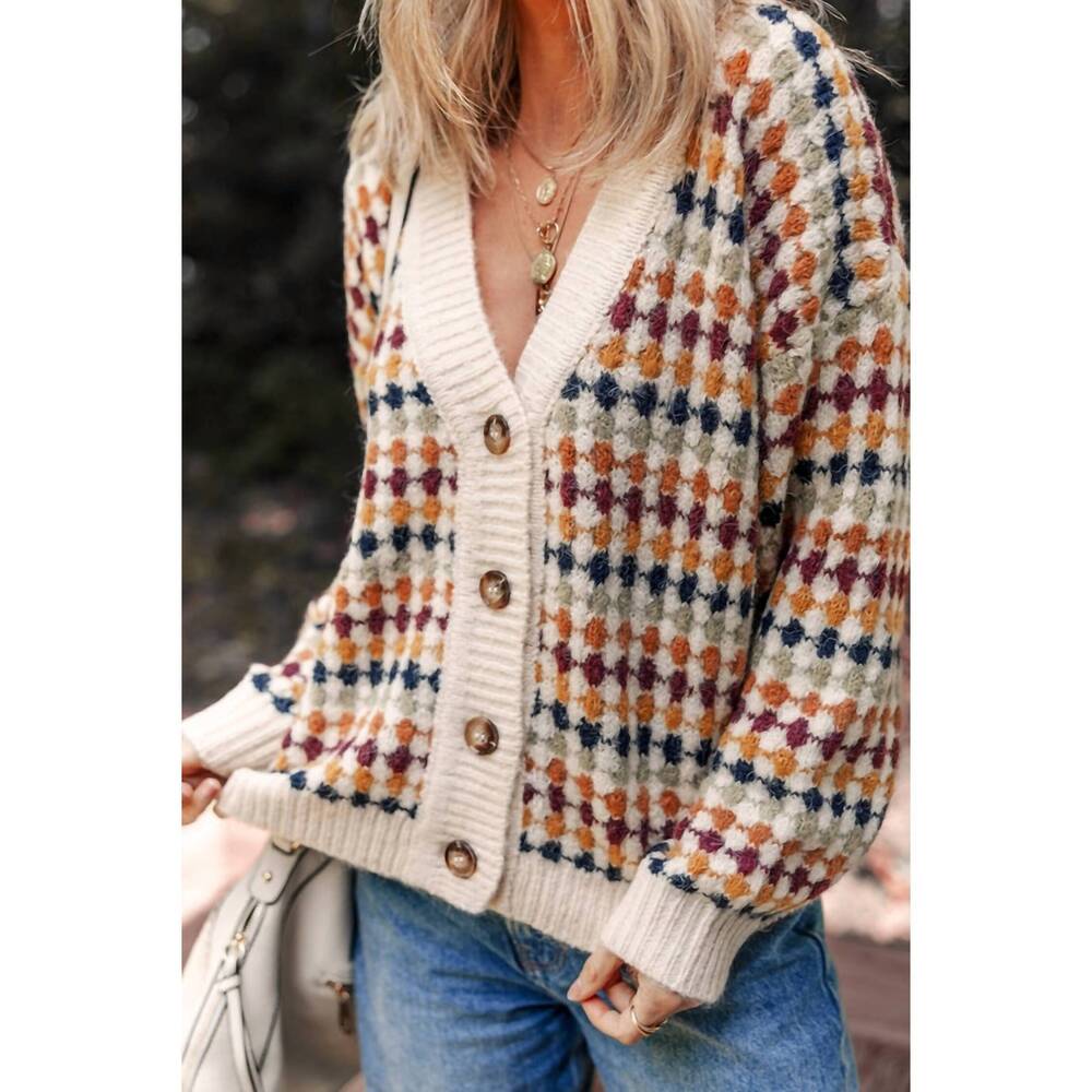 NEW 1 THE WOMAN dotty pattern v neck sweater cardigan in brown - Picture 5 of 7